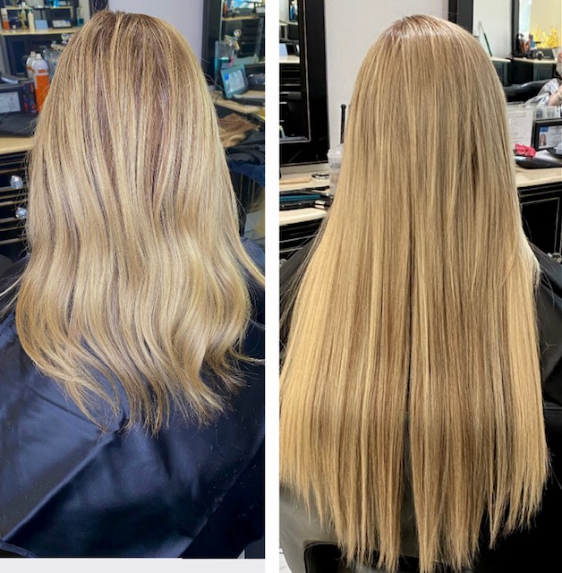 This is a photo taken by Beautify Salon and Spa. The photo shows a lady who has had hand tied hair extensions added to her hair for extra length and volume. The extensions are about 22inches long