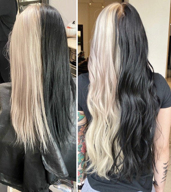 Hand Tied hair extensions done by a stylist at Beautify Salon and Spa in Henderson with one side of the hair blond and the other side of the hair is colored black. The extensions added are about 24 inches long. 