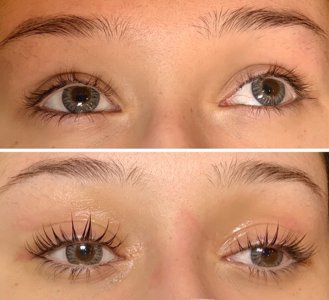 This is a before and after image. The young lady in the photo is demonstrating a lash lift. 